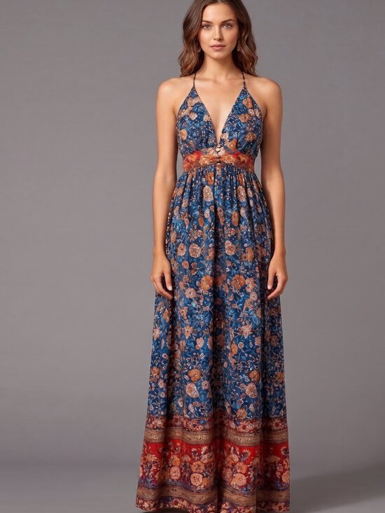 Dresses & Skirts - LAST ONE 🔥 Boho Floral Print Backless Deep V Neck Maxi Dress